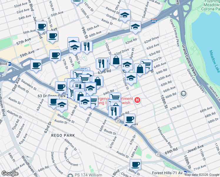 map of restaurants, bars, coffee shops, grocery stores, and more near in Queens