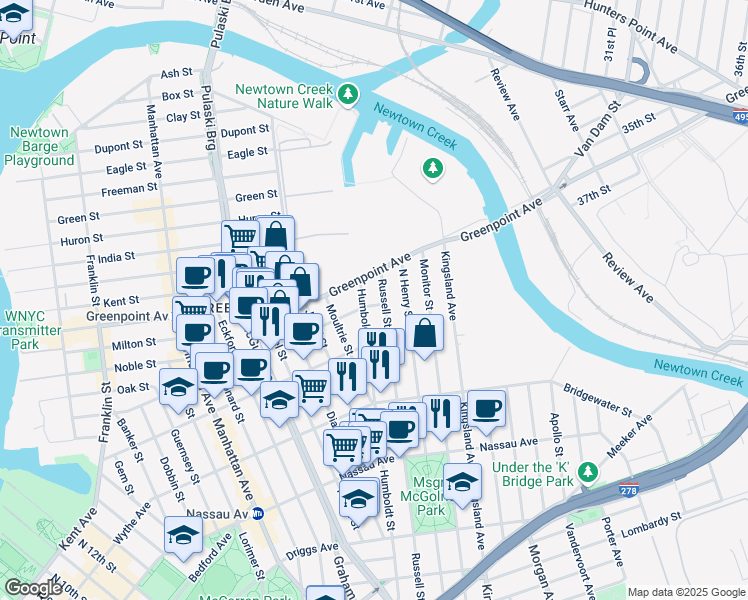 map of restaurants, bars, coffee shops, grocery stores, and more near 295 Russell Street in Brooklyn