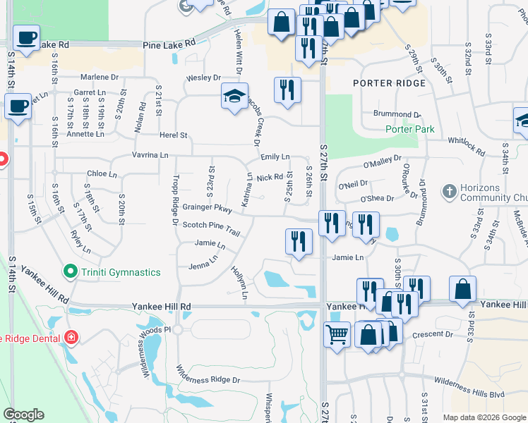 map of restaurants, bars, coffee shops, grocery stores, and more near 7855 South 25th Street in Lincoln