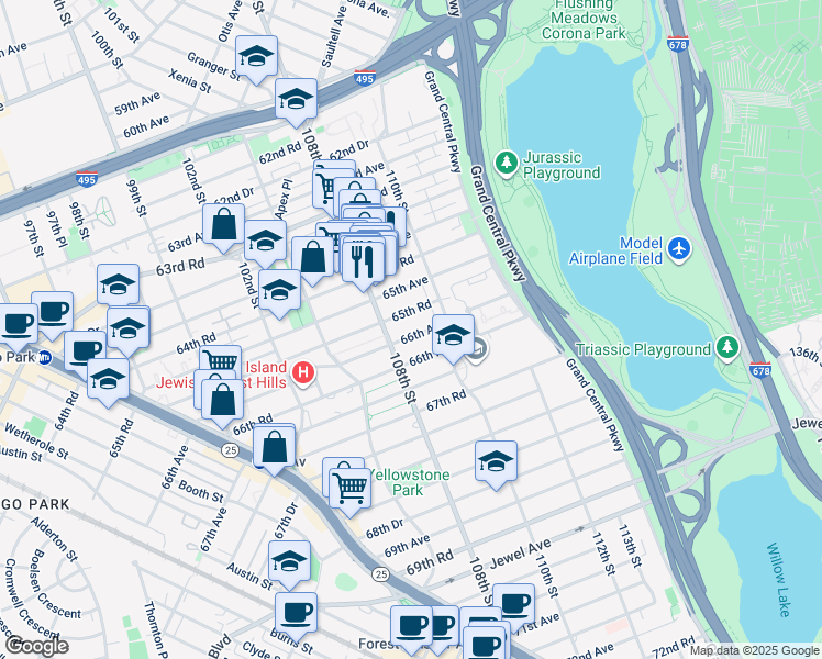 map of restaurants, bars, coffee shops, grocery stores, and more near in Queens