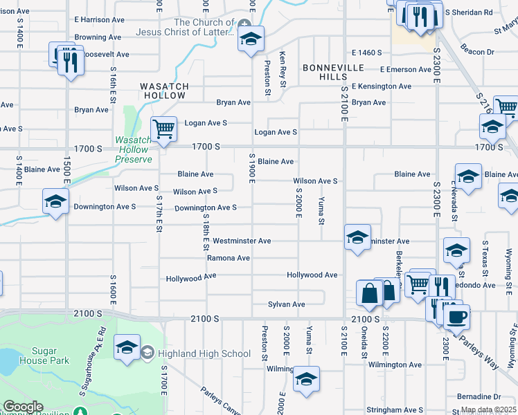 map of restaurants, bars, coffee shops, grocery stores, and more near 1933 Downington Avenue South in Salt Lake City