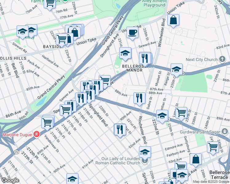 map of restaurants, bars, coffee shops, grocery stores, and more near 22707 88th Avenue in Queens