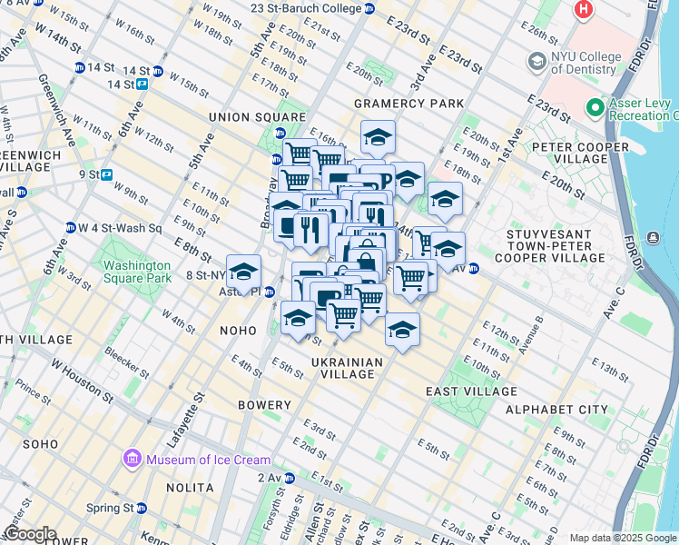map of restaurants, bars, coffee shops, grocery stores, and more near 225 East 11th Street in New York