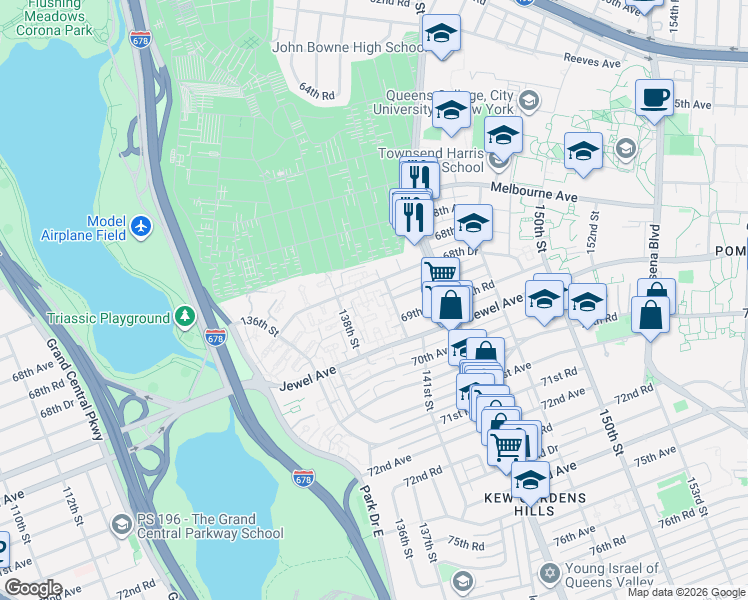 map of restaurants, bars, coffee shops, grocery stores, and more near 138-50 68th Drive in Queens