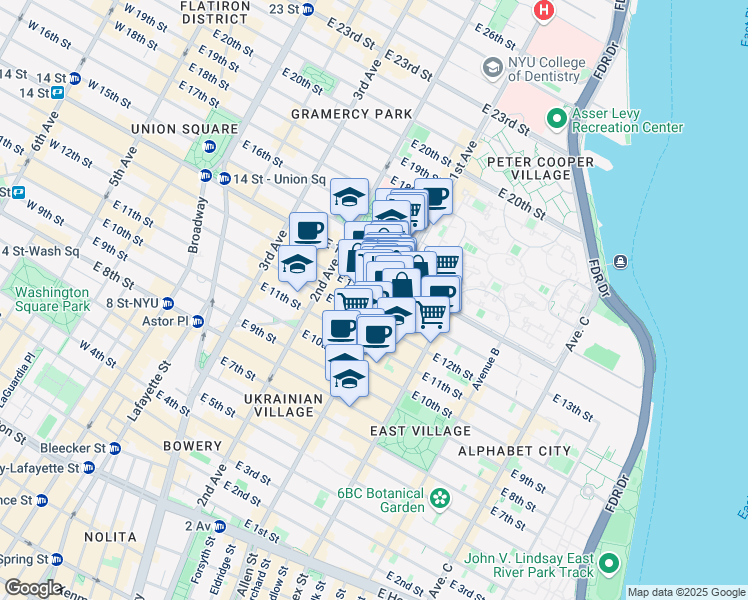 map of restaurants, bars, coffee shops, grocery stores, and more near 351 East 12th Street in New York