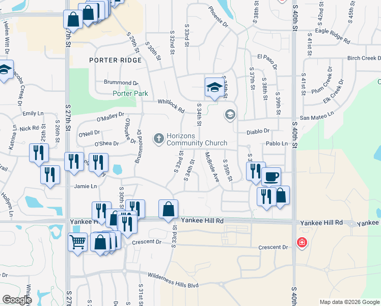 map of restaurants, bars, coffee shops, grocery stores, and more near 3333 O'Hanlon Drive in Lincoln
