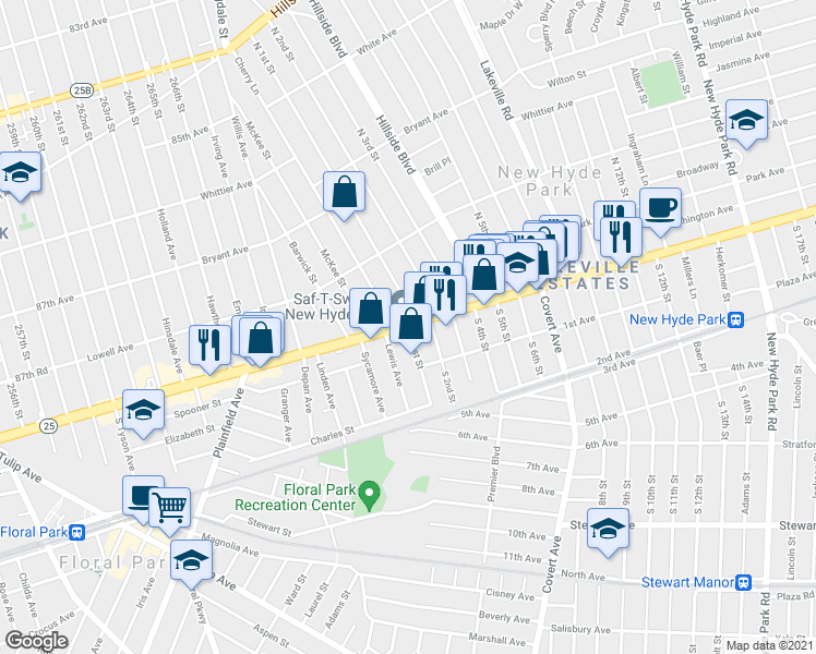map of restaurants, bars, coffee shops, grocery stores, and more near Jericho Turnpike & S 1st St in New Hyde Park