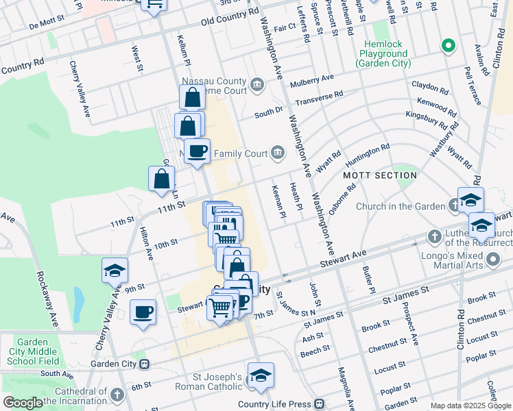 map of restaurants, bars, coffee shops, grocery stores, and more near 132 Arthur Street in Garden City