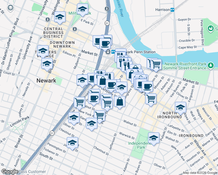 map of restaurants, bars, coffee shops, grocery stores, and more near 85 Union Street in Newark