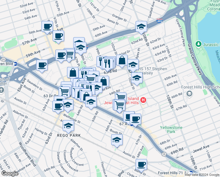 map of restaurants, bars, coffee shops, grocery stores, and more near 64-02 99th Street in Queens