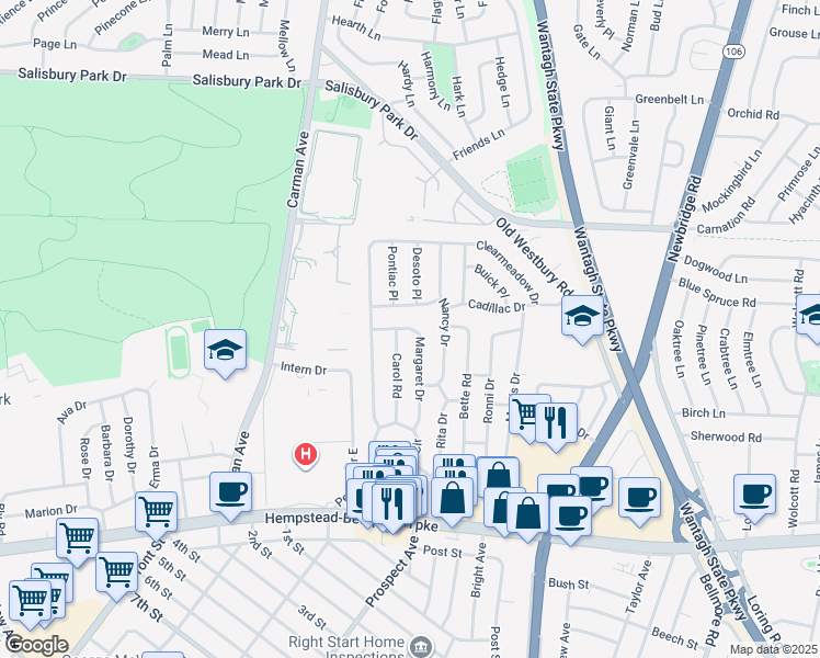 map of restaurants, bars, coffee shops, grocery stores, and more near 208 Margaret Drive in East Meadow