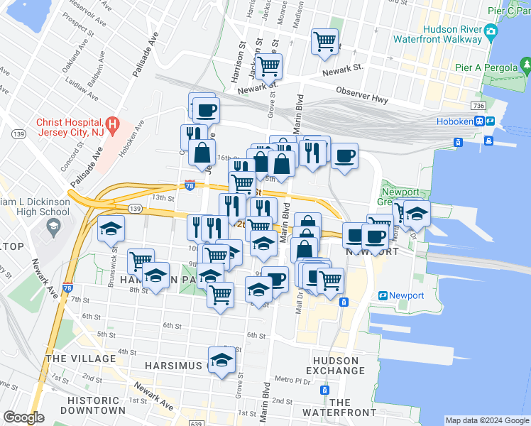 map of restaurants, bars, coffee shops, grocery stores, and more near 2 in Jersey City