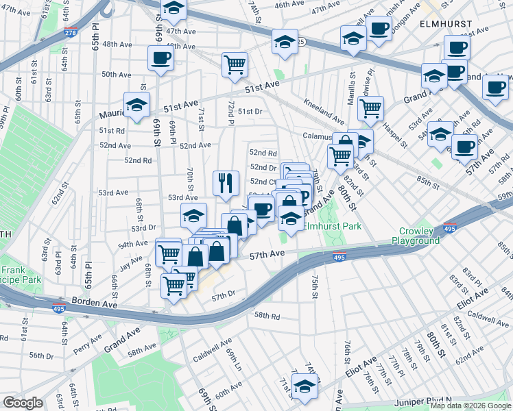 map of restaurants, bars, coffee shops, grocery stores, and more near 73-14 53rd Avenue in Queens