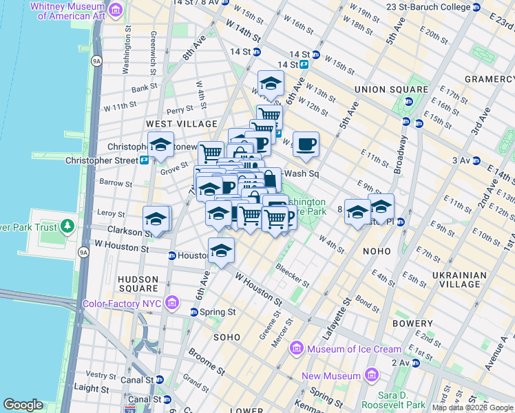 map of restaurants, bars, coffee shops, grocery stores, and more near 133 MacDougal Street in New York