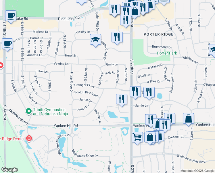 map of restaurants, bars, coffee shops, grocery stores, and more near 7855 South 25th Street in Lincoln
