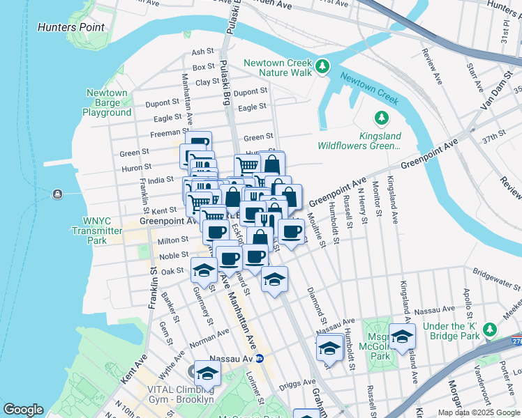 map of restaurants, bars, coffee shops, grocery stores, and more near 252 Java Street in Brooklyn