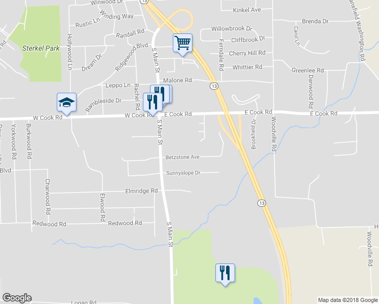 map of restaurants, bars, coffee shops, grocery stores, and more near 65 Betzstone Avenue in Mansfield