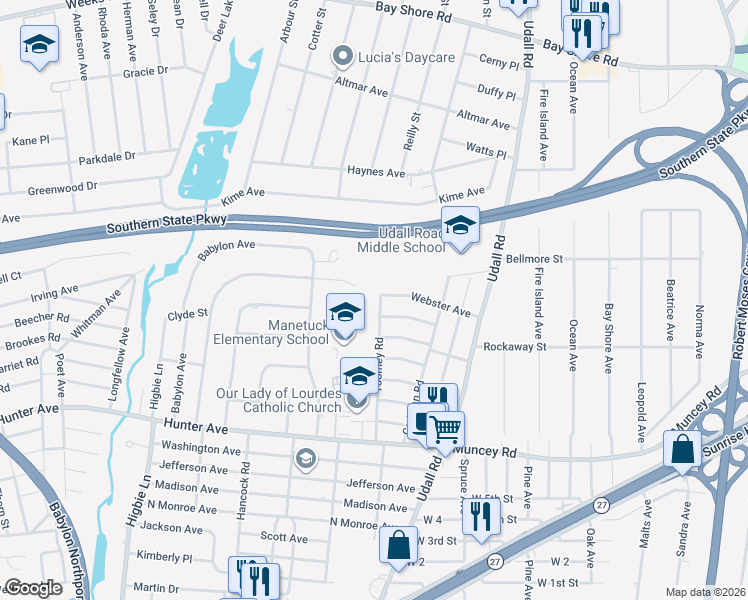 map of restaurants, bars, coffee shops, grocery stores, and more near 96 Toomey Road in West Islip