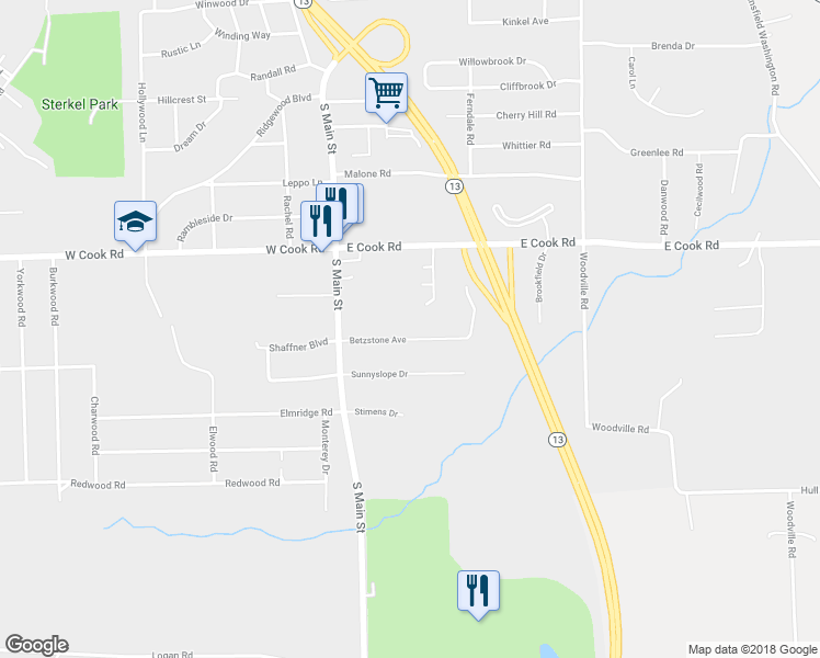 map of restaurants, bars, coffee shops, grocery stores, and more near 73 Betzstone Avenue in Mansfield