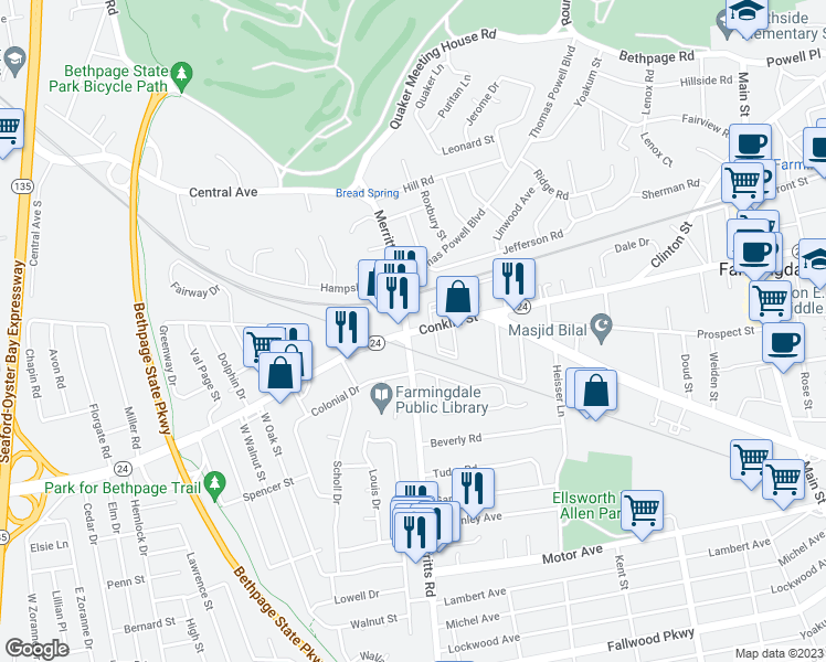 map of restaurants, bars, coffee shops, grocery stores, and more near 100 Fulton Street in Farmingdale