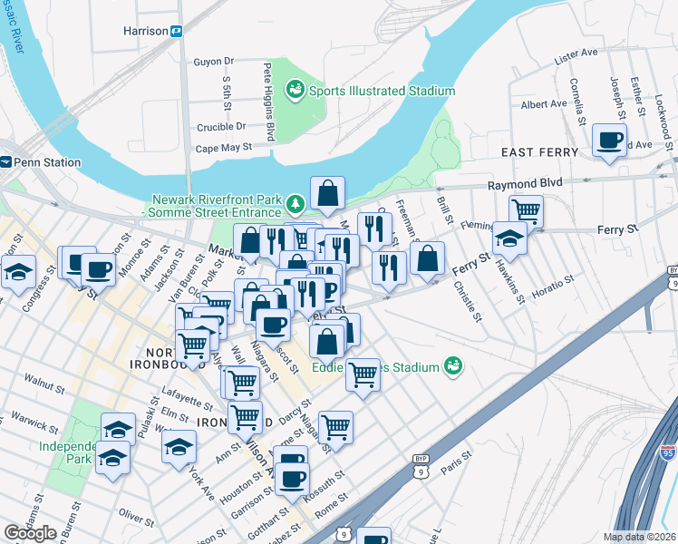 map of restaurants, bars, coffee shops, grocery stores, and more near 52 Providence Street in Newark