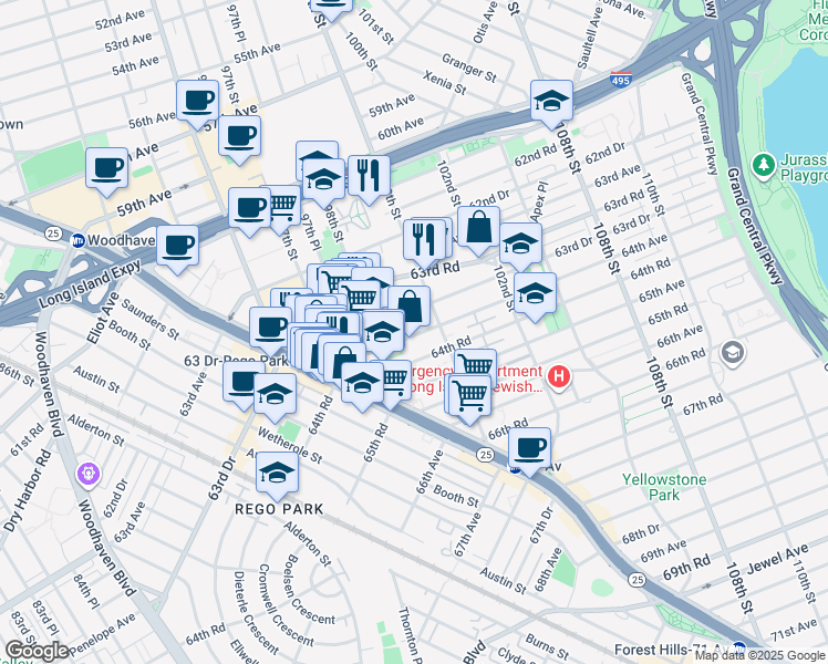 map of restaurants, bars, coffee shops, grocery stores, and more near 9851 64th Avenue in Queens