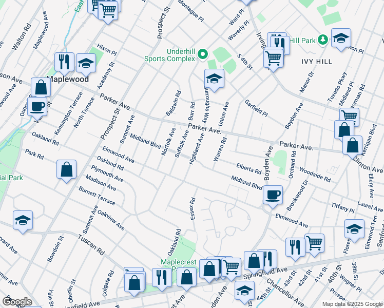 map of restaurants, bars, coffee shops, grocery stores, and more near 21 Highland Avenue in Maplewood