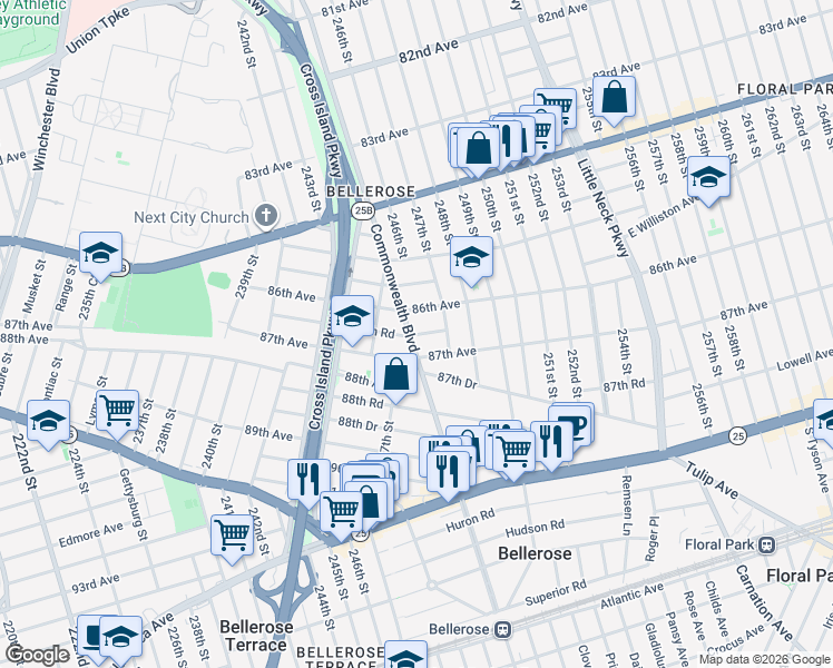 map of restaurants, bars, coffee shops, grocery stores, and more near 246-27 86th Road in Queens