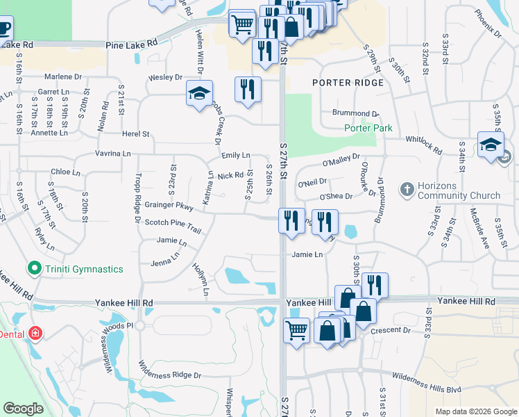 map of restaurants, bars, coffee shops, grocery stores, and more near 2525 Alana Lane in Lincoln