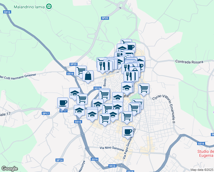 map of restaurants, bars, coffee shops, grocery stores, and more near 72 Via Giacomo Leopardi in Ostuni