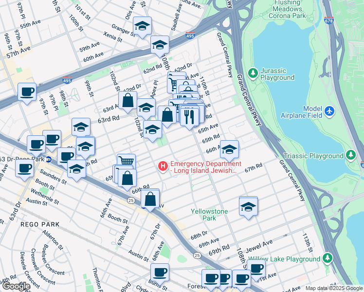 map of restaurants, bars, coffee shops, grocery stores, and more near 105-39 65th Road in Queens