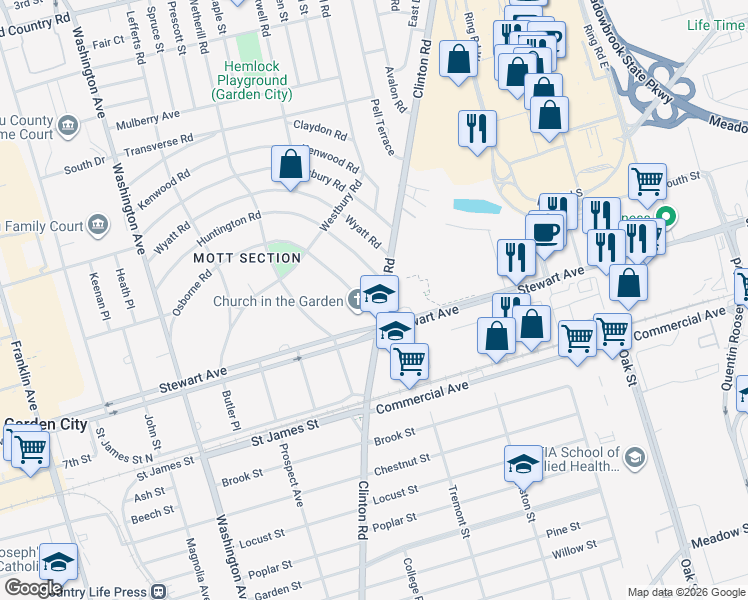 map of restaurants, bars, coffee shops, grocery stores, and more near 69 Osborne Road in Garden City