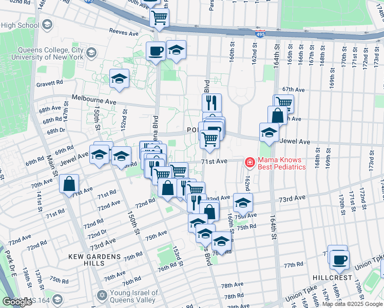 map of restaurants, bars, coffee shops, grocery stores, and more near 156-15 71st Avenue in Queens