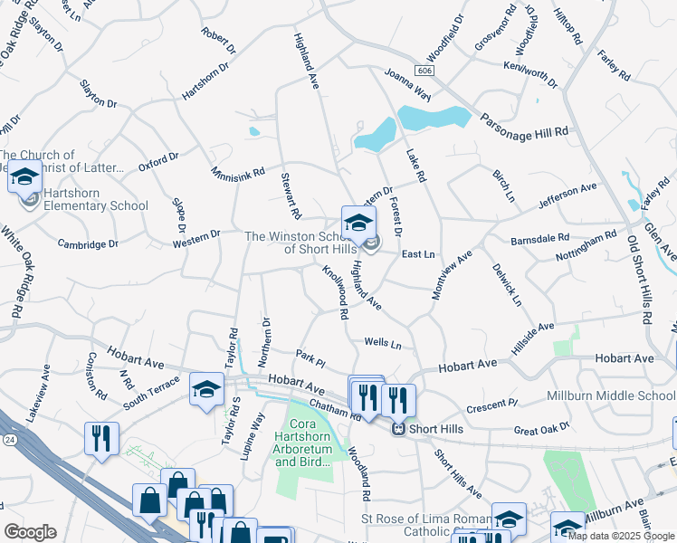 map of restaurants, bars, coffee shops, grocery stores, and more near 72 Knollwood Road in Millburn