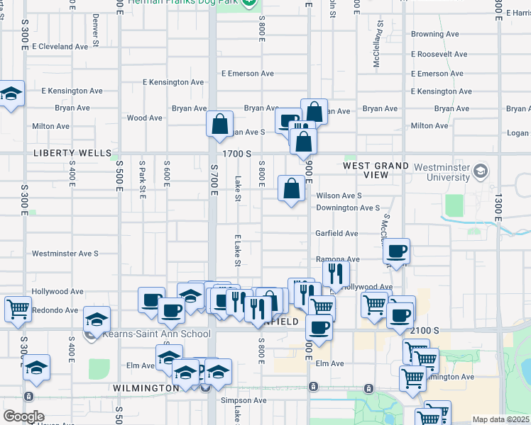 map of restaurants, bars, coffee shops, grocery stores, and more near 1804 800 East in Salt Lake City