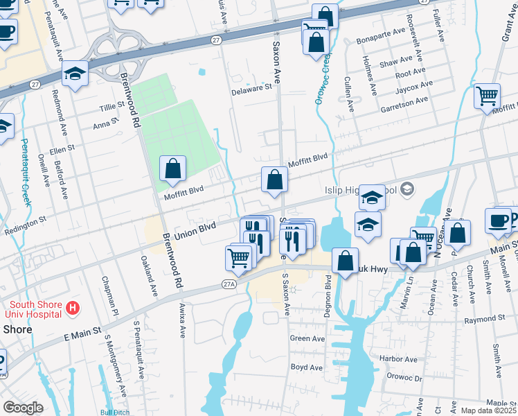 map of restaurants, bars, coffee shops, grocery stores, and more near 19 Charley's Place in Bay Shore