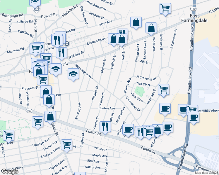 map of restaurants, bars, coffee shops, grocery stores, and more near 89 Hallock Street in Farmingdale