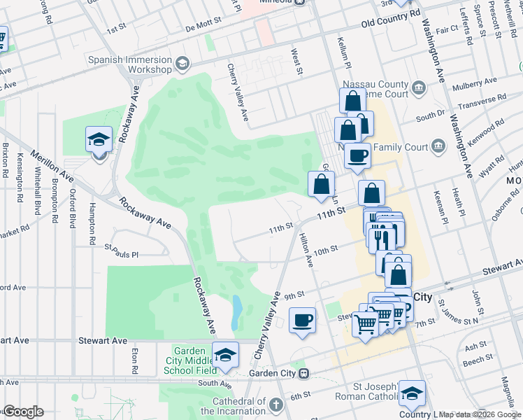 map of restaurants, bars, coffee shops, grocery stores, and more near 142 Cherry Valley Avenue in Garden City
