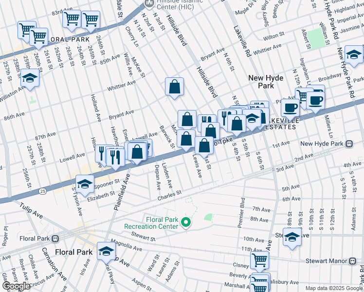 map of restaurants, bars, coffee shops, grocery stores, and more near 11 McKee Street in Floral Park