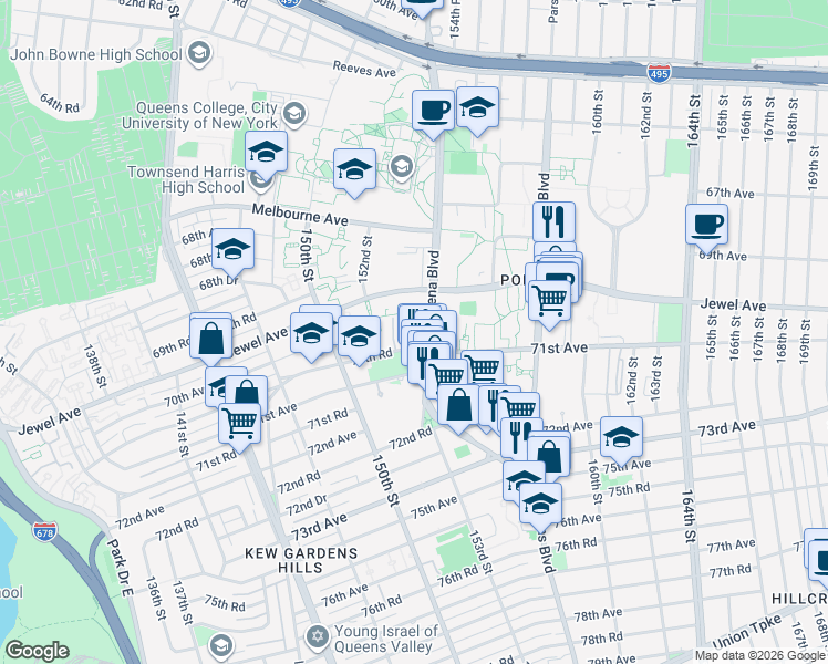 map of restaurants, bars, coffee shops, grocery stores, and more near 70-29 Kissena Boulevard in Queens