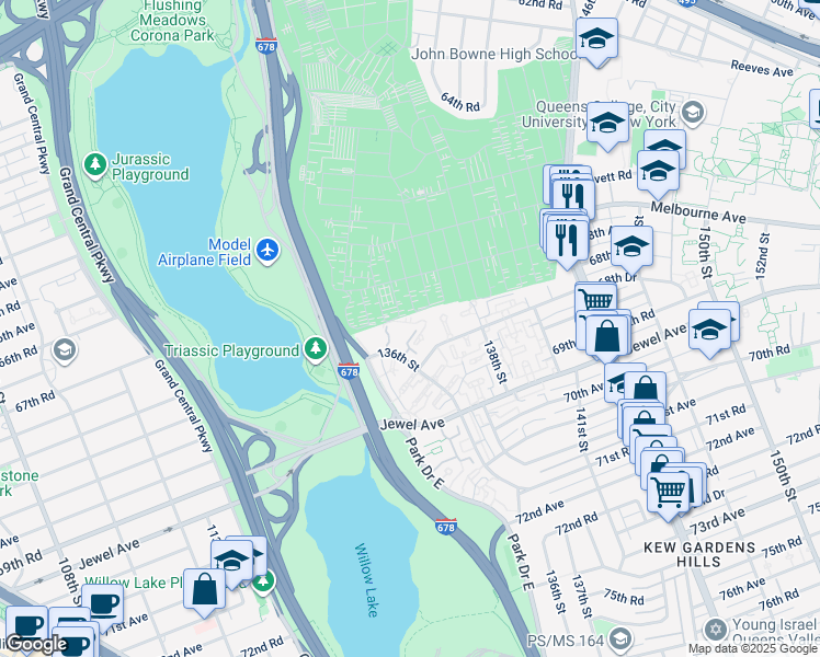 map of restaurants, bars, coffee shops, grocery stores, and more near 67-73 136th Street in Queens