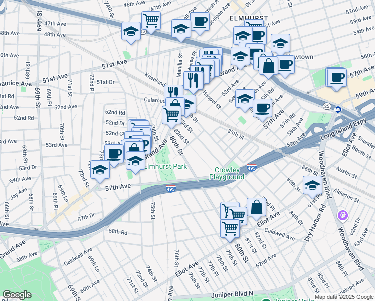 map of restaurants, bars, coffee shops, grocery stores, and more near 82-01 54th Avenue in Queens