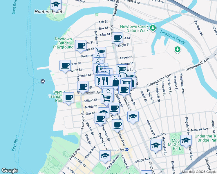 map of restaurants, bars, coffee shops, grocery stores, and more near 178 Greenpoint Avenue in Brooklyn