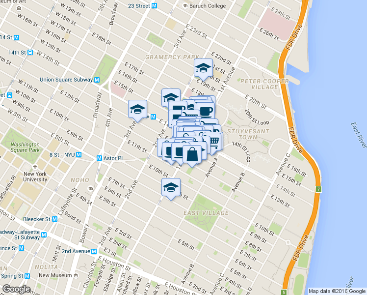 map of restaurants, bars, coffee shops, grocery stores, and more near 347 East 14th Street in New York