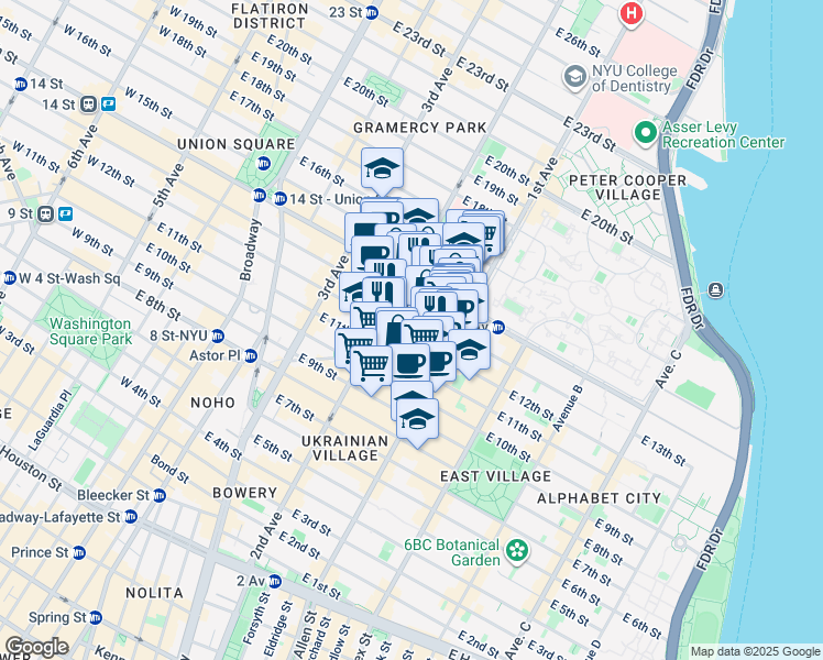 map of restaurants, bars, coffee shops, grocery stores, and more near 324 East 13th Street in New York
