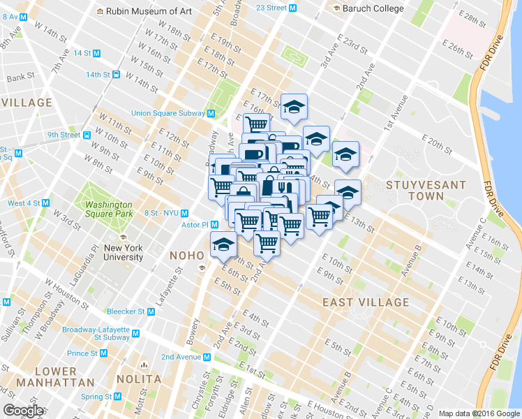 map of restaurants, bars, coffee shops, grocery stores, and more near 225 East 11th Street in New York