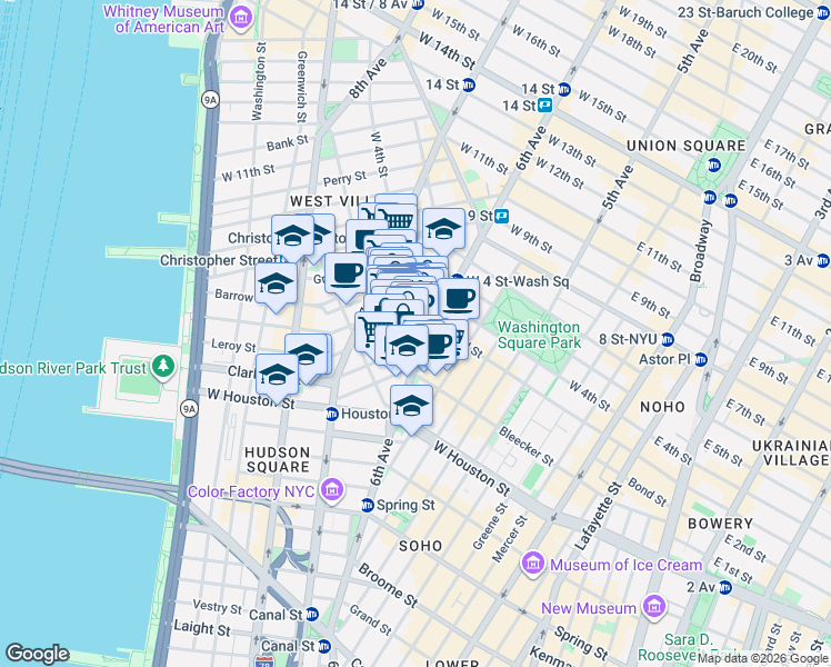 map of restaurants, bars, coffee shops, grocery stores, and more near 249 Bleecker Street in New York