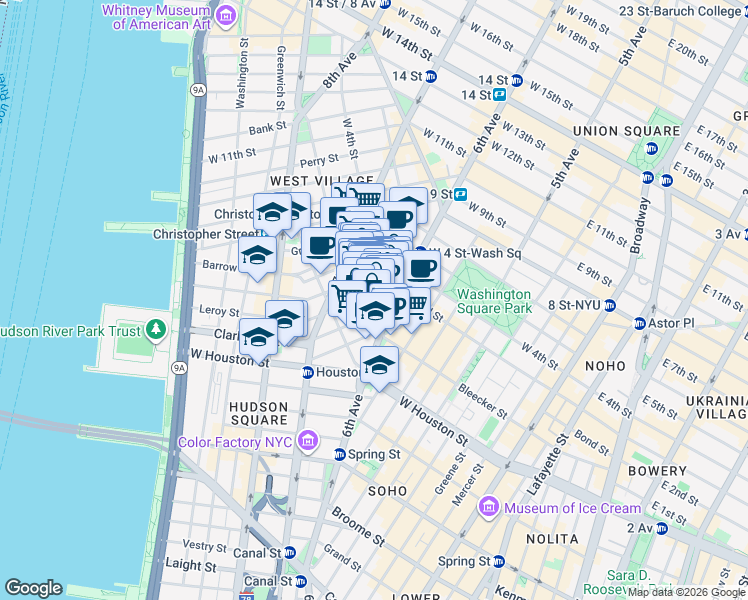 map of restaurants, bars, coffee shops, grocery stores, and more near 249 Bleecker Street in New York