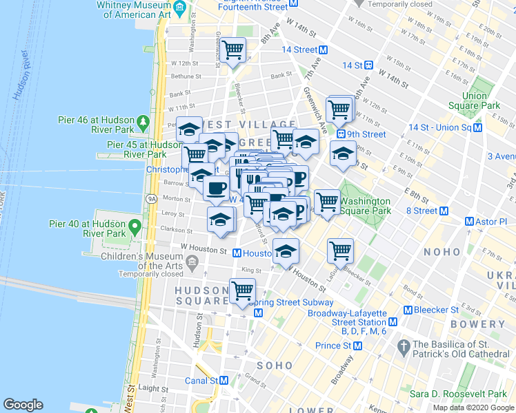 map of restaurants, bars, coffee shops, grocery stores, and more near 35 Carmine Street in New York
