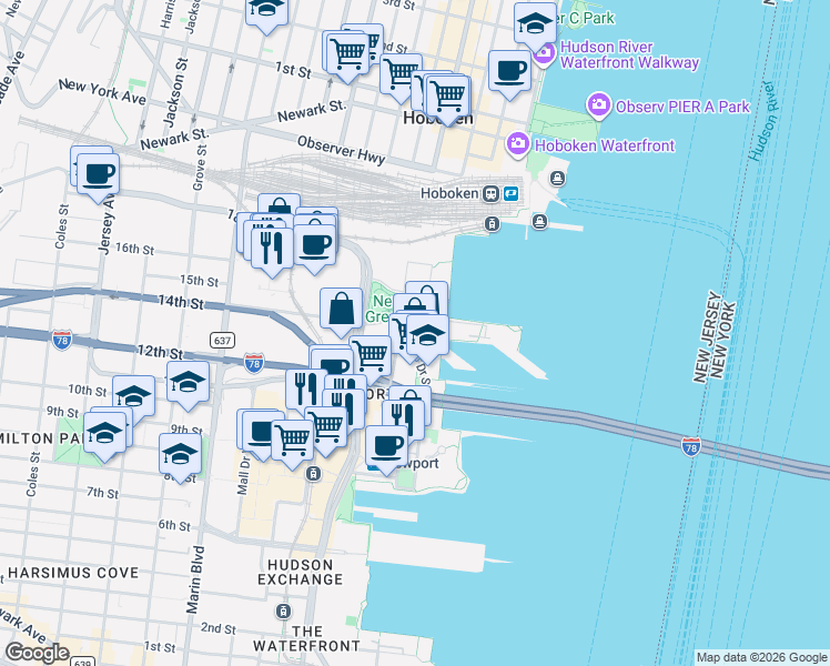 map of restaurants, bars, coffee shops, grocery stores, and more near 36 North Street in Jersey City